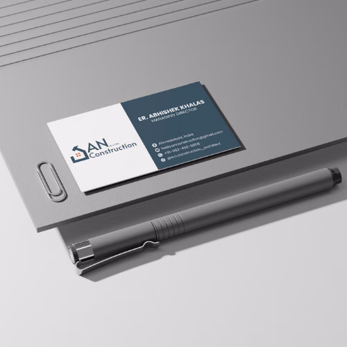 Professional business card design for AN Construction featuring logo, contact details, and minimalist layout
