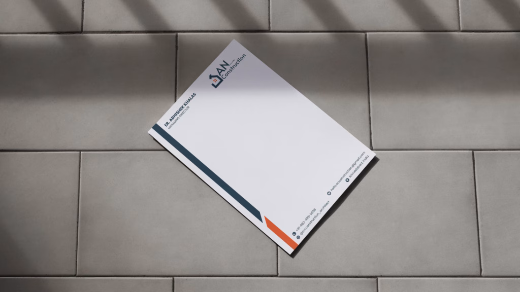 Branded letterhead design for AN Construction with logo placement and structured formatting for official communication