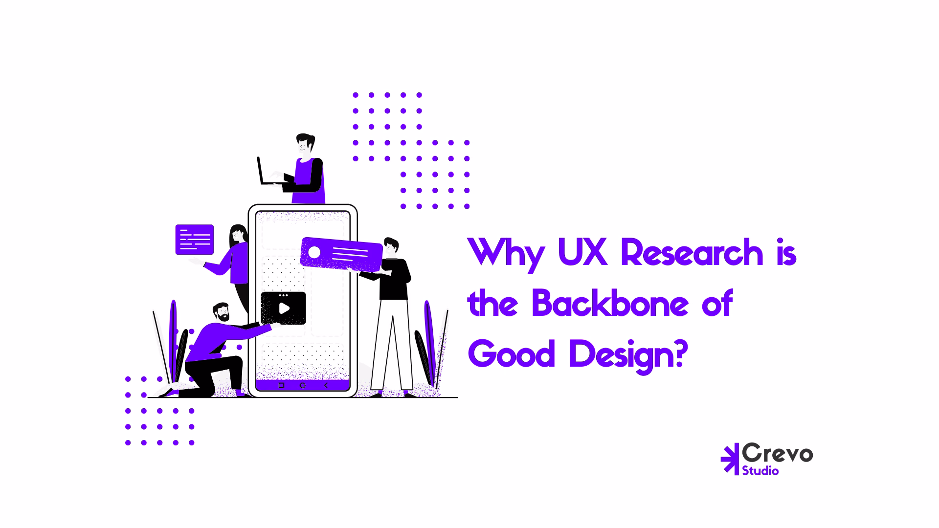 llustration of a UX designer conducting user testing and research on digital interfaces – representing user-first design approach at Crevo Studio