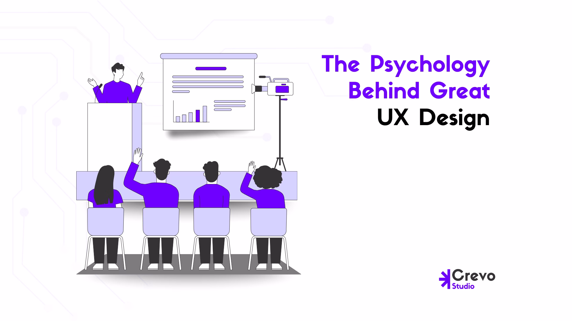 Illustration of a presenter teaching UX design psychology with a chart while an audience listens and participates, representing the blog 'The Psychology Behind Great UX Design' by Crevo Studio